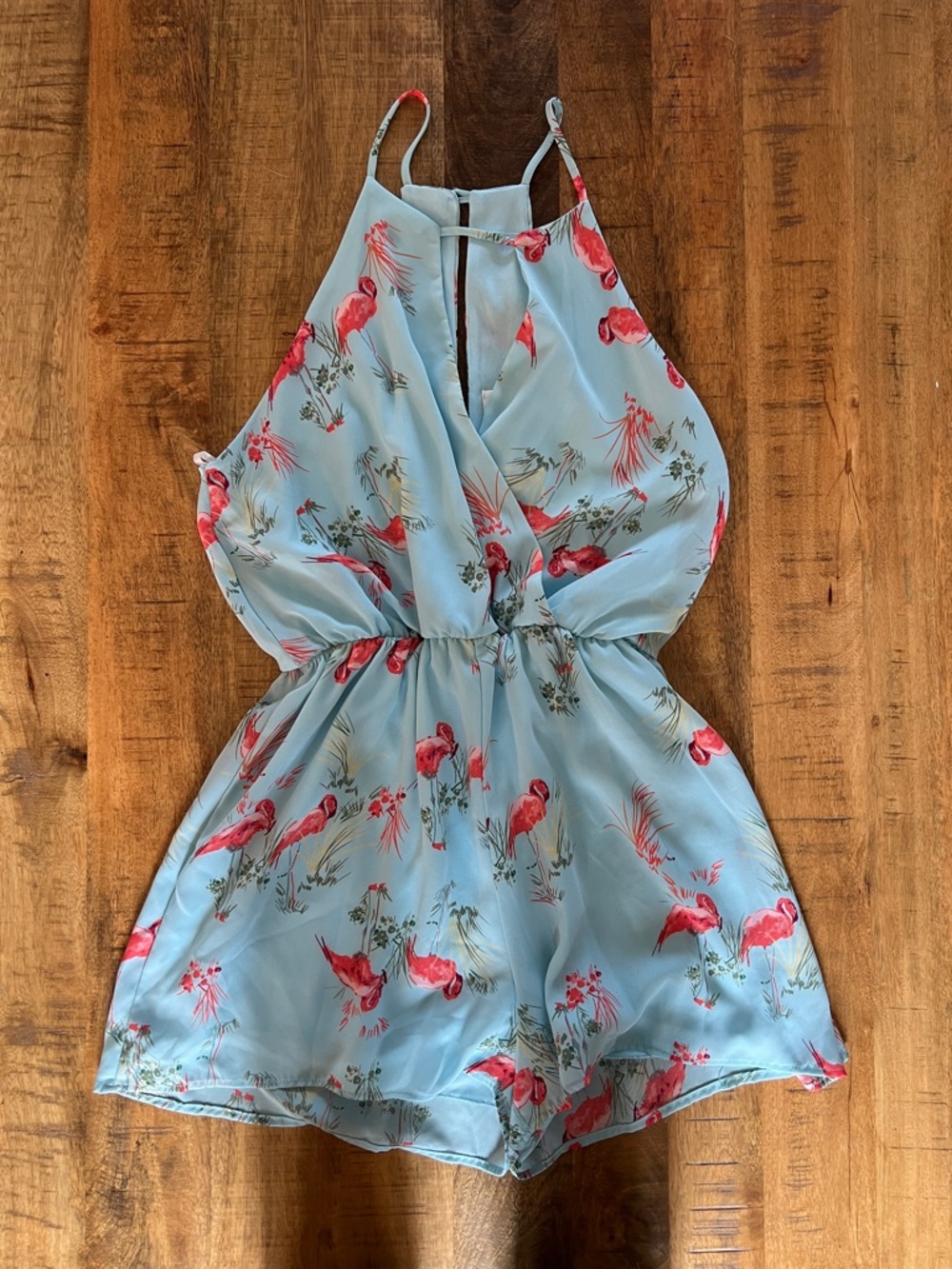 Everly Light Blue Flamingo Print Halter Romper
